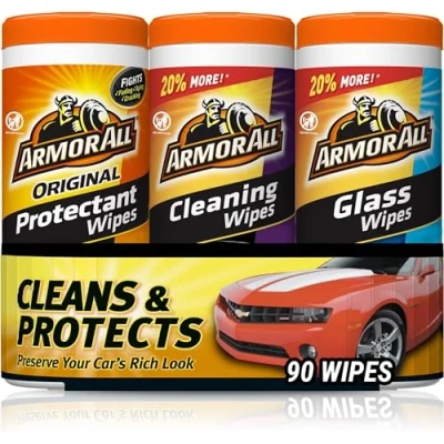 Image of Armor All Protectant, Glass and Cleaning Wipes, Wipes for Car Interior Exterior, 30 Count Each (Pack of 3)