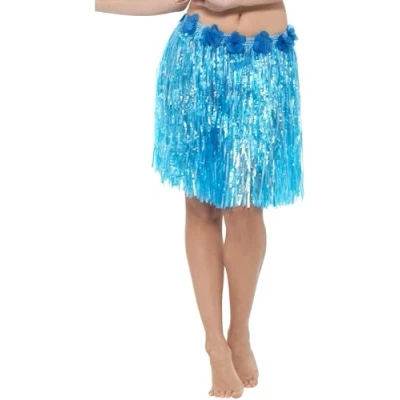 Image of Smiffys Hawaiian Hula Skirt with Flowers, Neon Blue Velcro Fastening &amp; Adjustable Waist Band, Luau Fancy Dress, Dress Up Accessories