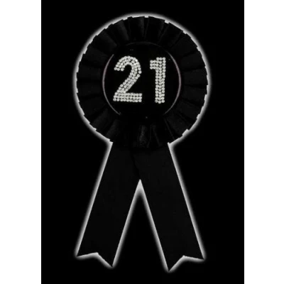 Image of BLACK AND SILVER DIAMANTE AGE 21 ROSETTE BADGE AWARD RIBBON