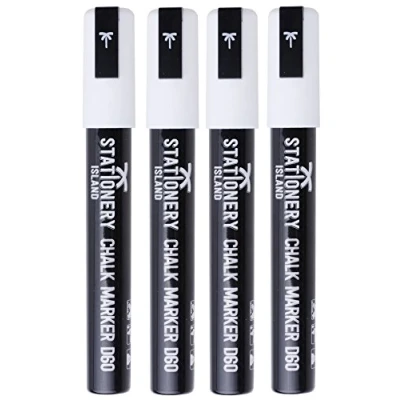 Image of STATIONERY ISLAND Liquid Chalk Pens Marker White for blackboard Erasable Wipeable Chalkboard, Window, Glass, Signs and mirror 6mm Chisel Nibs (White Pack of 4)