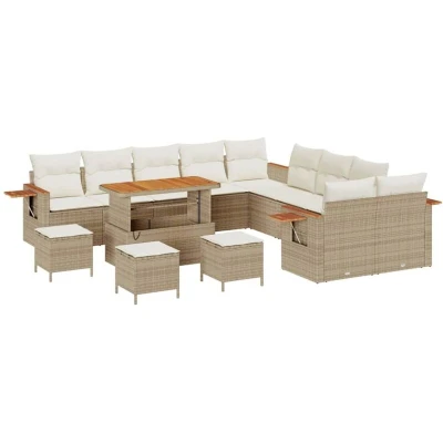 Image of vidaXL 14 Piece Garden Sofa Set with Cushions Beige Poly Rattan Acacia
