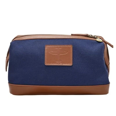 Image of Widdop and Co. Royal Air Force Spitfire Canvas &amp; Faux Leather Washbag Officially Licensed RAF Navy Brown Toiletries Bag Merchandise. Lifestyle Accessory for History, Aviation WW2 Fans.