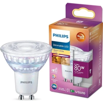 Image of PHILIPS LED Classic Warm Glow Dimmable Light Bulb [GU10 Spot] 6.2W 80W Equivalent, White (2200 2700K). for Indoor Relaxed Home Lighting, Livingroom, Bedroom.