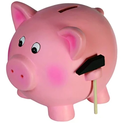 Image of Out of the Blue Piggy Bank Jumbo Pig Holding a Hammer, Terracotta, Pink, 22 x 21 17.5 cm