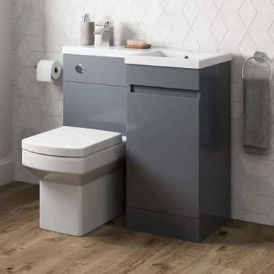 Image of Artis 900mm L Shape Bathroom Vanity Sink Unit Furniture Storage, Right Hand Gloss Grey + Basin Ceramic Square Toilet with Concealed Cistern
