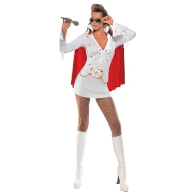 Image of Smiffys Elvis Viva Las Vegas Costume for Adults, Dress and Cape, White Red, Officially Licensed, with Detachable Belt Chain Detail, Perfect Matching Fancy