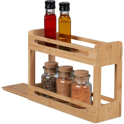 Image of Relaxdays Spice Rack, Bamboo, Extendable, 2 Tiers for Jars and Bottles, HWD: 21.5 x 30.5 10.5 cm, Organiser, Natural
