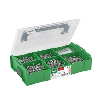 Image of SPAX L Boxx Mini Electricians Set Including 475 Button Head Screws in 5 Dimensions, 75 Matching Dowels and 3 T Star Plus Bits