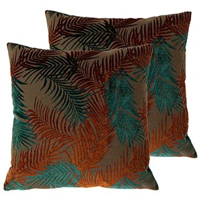 Image of Paoletti Palm Grove Polyester Filled Cushions (Twin Pack), Teal/Rust, 50 x 50cm