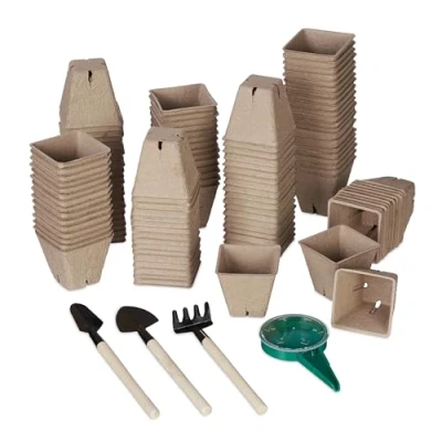 Image of Relaxdays Set of 120 Growing Pots, Incl. Accessories, Biodegradable, Planting, Propagation, HWD: 5.5 x 6 cm, Brown, Paper