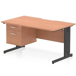 Image of Impulse 1400 x 800mm Scalloped Edge Office Desk Beech Top Black Cable Managed Leg Workstation 1 2 Drawer Fixed Pedestal