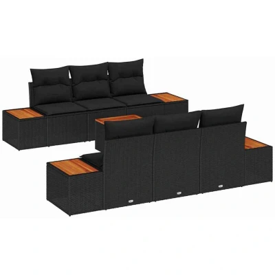 Image of vidaXL 7 Piece Garden Sofa Set with Cushions Black Poly Rattan Acacia