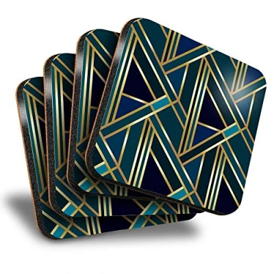 Image of Great Coasters (Set of 4) Square Green Gold Art Deco Geometric Drink Glossy Coasters/Tabletop Protection for Any Table Type #12546