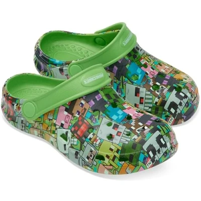 Image of Minecraft Boys Clogs, Kids Summer Garden Shoes Removable Shoe Charms for Beach, Pool, Holiday Essentials Slip On with Strap, Gamer Gifts (Green Without Charms, 3/4 UK)