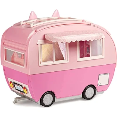 Image of Na! Surprise Kitty Cat Camper Pink Vehicle with Ears &amp; Tail 7 Play Areas Including Full Kitchen, Hammock Accessories, Doll Car More