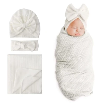 Image of DRESHOW Newborn Receiving Blanket Toddler Warm for Girls with Matching Bow Hat and Headband