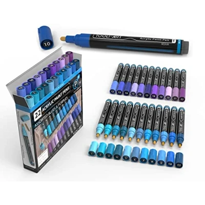 Image of TOOLI ART Acrylic Paint Pens 22 Assorted Pro Colour Series Markers Set 3mm Medium Tip for Rock Painting, Glass, Mugs, Wood, Metal, Canvas, DIY Projects, Non Toxic, Waterbased, Quick Drying. (BLUES)