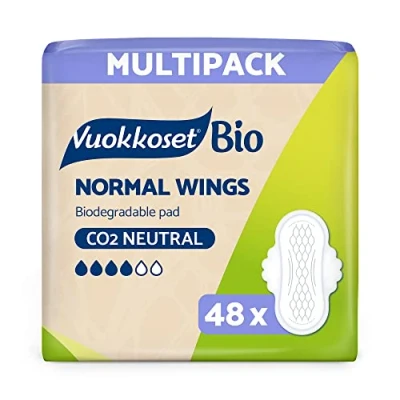 Image of Vuokkoset Eco Normal Wings Biodegradable Thin 8.9 Inch Sanitary Towel Multipack 48 pcs for Sensitive Skin Organic Cotton Free of Dyes, Fragrances &amp; Chlorine Friendly, Absorbent Core