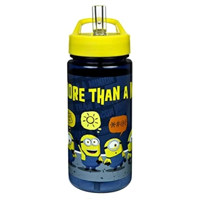 Image of AERO Minions Drinking Bottle for Children with Motif Plastic Water BPA Free Approximately 500 ml Capacity Integrated Straw Ideal Nursery and School