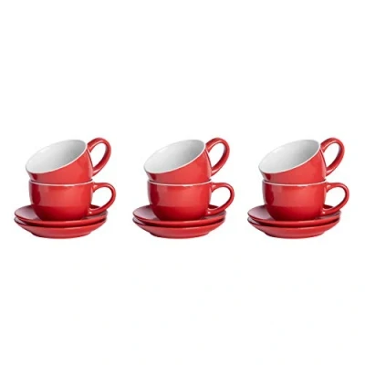 Image of 6x Red 250ml Cappuccino Cups &amp; Saucers By Argon Tableware