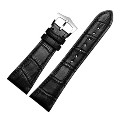 Image of ODETOJOY 25mm Watch Strap Genuine Leather Bands Black Watchbands Silver Stainless Steel Buckle With Spring Bar Link Pin (Black Buckle)