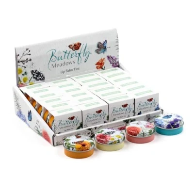 Image of Puckator Butterfly Meadows Lip Balm in a Tin Care Stick Balms Chapstick Holiday Essentials For Women Family Lipbalm Moisturiser Exfoliator Cream Pretty Cute Blam Bam