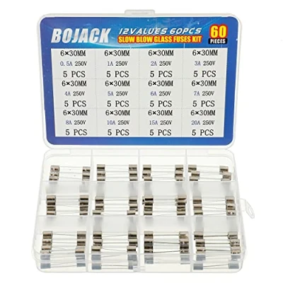 Image of BOJACK 12 Values 60 Pcs Slow Blow Glass Fuses Assortment Kit 6x30 mm 250V T 0.5A 1A 2A 3A 4A 5A 6A 7A 8A 10A 15A 20A packag in a Clear Plastic Box