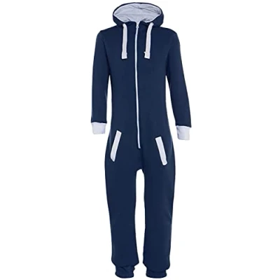 Image of trending babz Mens Zip Up Plain Pocket Jumpsuit All in One Suit Drawstring Hooded Long Sleeves Warm Onesie Navy