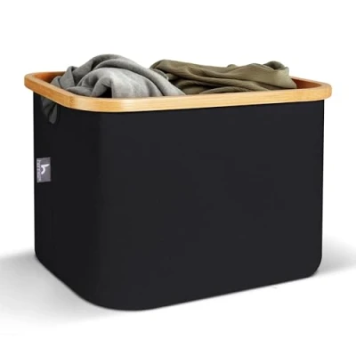 Image of HENNEZ Canvas Kallax Storage Boxes for Shelves Foldable Laundry Basket Insert Collapsible Wardrobe Box Towel Baskets Linen Toy Cube Organiser, Bamboo Handles