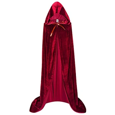 Image of Makroyl Unisex Hooded Cloak Long Velvet Cape for Halloween Christmas Cosplay Costume, Wine Red, L