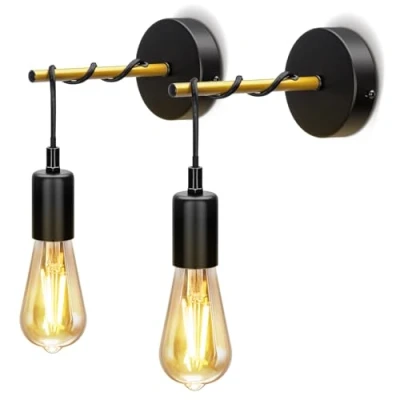 Image of Aigostar Black Wall Lights for Living Room E27 Light Without Bulb Sconce Bedrooms Indoor Sconces Vintage Industrial Lamp Loft 2 Pack