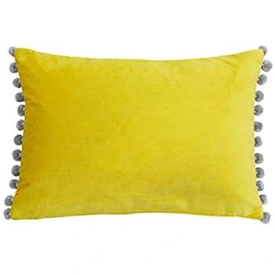 Image of Riva Paoletti Fiesta Rectangular Filled Cushion Yellow Pompom Edges Faux Velvet Fabric Discreet Zip Closure 100 Case (14&quot; x 20&quot; inches), Polyester, Mimosa/Silver, 35 50cm