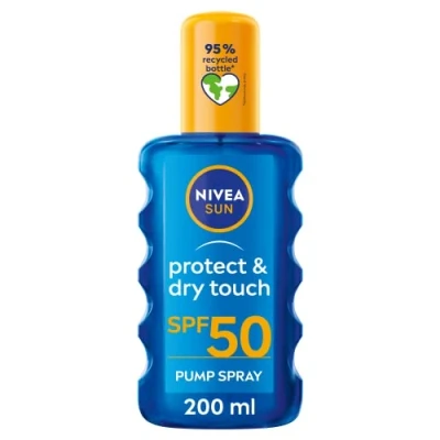 Image of NIVEA Sun Protect &amp; Dry Touch Invisible Spray SPF 50 (200 ml), Water Resistant Oil, Immediate Protection against UVA UVB Rays, Transparent/No White Marks