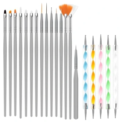 Image of URAQT Nail Art Brushes Set, 15pcs Acrylic Brush Painting Pen and 5pcs Dotting Tools Kit, Kit Designer for Diy &amp; Professional Use, Grey