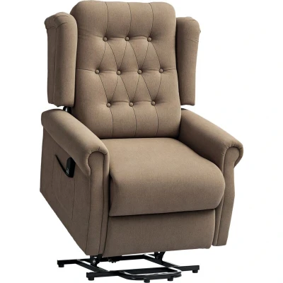 Image of HOMCOM Power Lift Recliner Chair, Wingback Button Tufted Electric Chair for Elderly, Fabric Riser and Reclining Armchair with Remote Control, USB Ports, Side Pockets, Living Room, Dark Brown