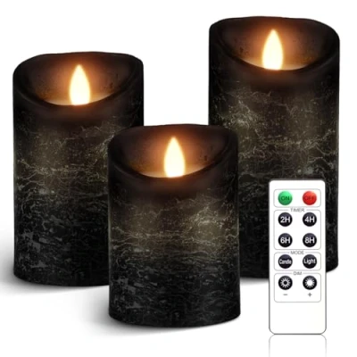 Image of AnnSpa LED Candle 3 Set Battery Operated with 10 Key Remote Control and Cycling 24 Hours Timer, Flameless Real Wax Flickering Moving Wick Amber Yellow Light Pillar Candles （Black）