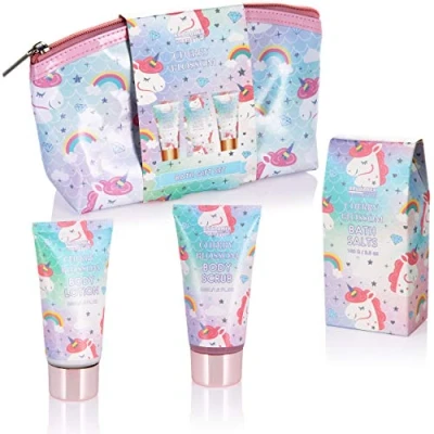 Image of BRUBAKER Cosmetics 4 Pcs. Unicorn Bath and Shower Set Cherry Blossom Scented Gift in Cosmetic Bag
