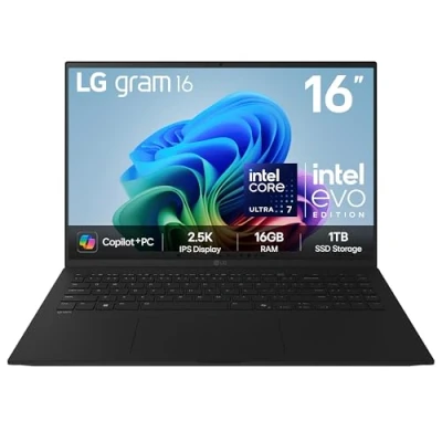 Image of LG gram 2025 16Z90TL 16 inch Ultra Lightweight Laptop, Intel Core 7 Processor, 16GB RAM, 1TB SSD, Hybrid AI, Copilot+ PC, Windows 11 Home (Obsidian Black)