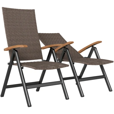 Image of Outsunny 2 Pieces Outdoor Folding Dining Chair, PE Rattan Chair with Armrests, High Backrest, for Garden, Camping, Balcony, Porch, Brown