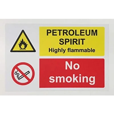 Image of Petroleum spirit highly flammable no smoking Safety sign Self adhesive sticker 200mm x 150mm