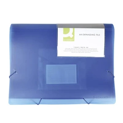 Image of Q Connect Expanding File Organiser with Elastic Band / 6 Compartments/Dividers/Pockets/Polypropylene/Document Folder A4 Transparent Blue/Has Compartments Index Windows and Indexes