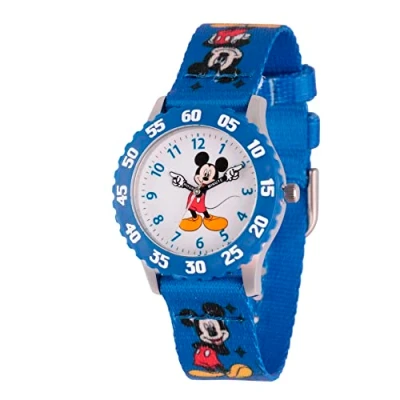 Image of Disney By Ewatchfactory Kids Mickey Mouse Quartz Watch with White Dial Time Teacher Display and Blue Nylon Strap W000232