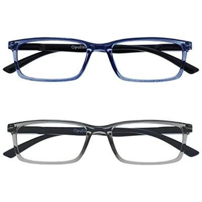 Image of OPULIZE See Reading Glasses 2 Packs with Blue Light Blocking Narrow Frame Spring Hinges Improve Sleep Computer Gaming Transparent Grey Mens Womens BB9 37 +1.50