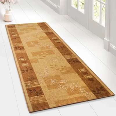 Image of Floordirekt Carpet Runner with Pattern Custom Made Fine Loop Rug for Kitchen, Hallway &amp; Living Room Ornament Vintage Orient Grid (80 x 250 cm, Accent Beige)