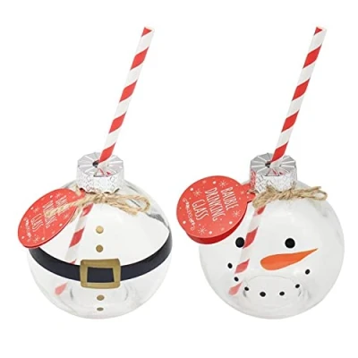 Image of Set of 2 Christmas Character Glass Bauble Drinking with Paper Straw and Punch Recipe