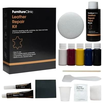 Image of Furniture Clinic Complete Leather Repair Kit (Black) For Sofas, Car Seats, Furniture, Chairs of Patch, fill and touch up scratches, tears other damaged areas
