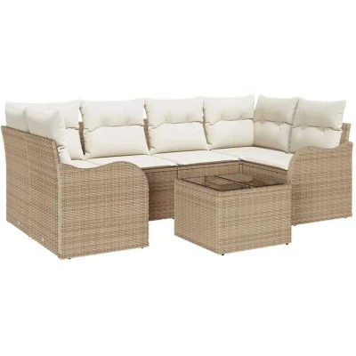 Image of vidaXL 7 Piece Garden Sofa Set with Cushions Beige Poly Rattan
