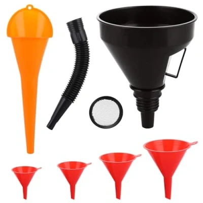 Image of ASelected 6 Pcs Right Angle Flexible Plastic Funnel Set,Universal for Petrol With Detachable Spout And Long Mouth Funnels Motorcycle Car Automotive(Red,Orange,Black)