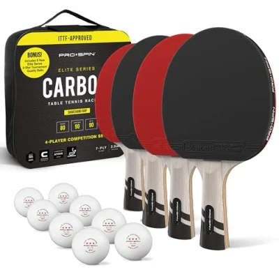 Image of PRO SPIN Ping Pong Bats Carbon Table Tennis 4 Player Set with Elite Series 3 Star Balls Premium 7 Ply Blade, Rubber, 2.0mm Sponge &amp; Rubber Protector Case