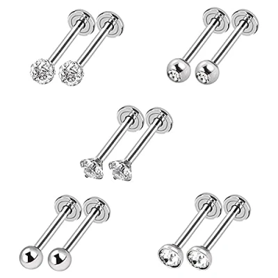 Image of Zeayebsr 5 Styles 16 Gauge inless Steel Nose Studs Tragus Bars Labret Cryl Ball Body Piercing Pairs